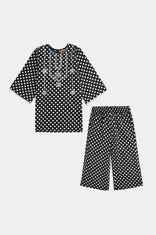 Girls Cotton Poplin Printed & Emb 2 Pcs Polka Dote - BLACK