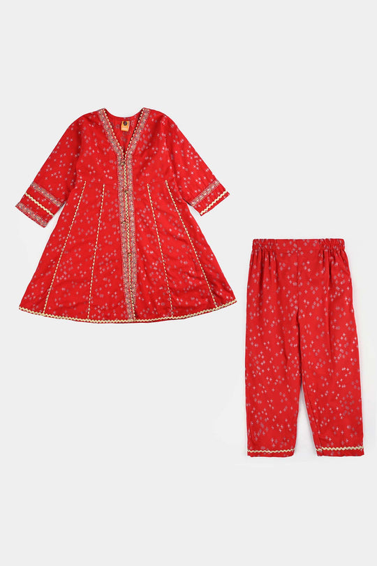 Girls Jacquard Emb 2Pcs Andaaz-Red