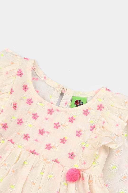 Infant Girls Jacquard Emb Kurti Popup-White