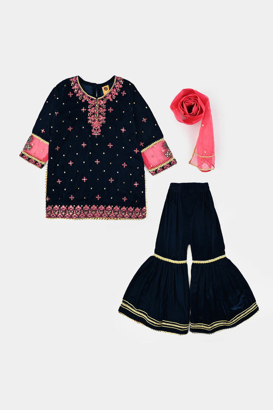 Girls Velvet Fancy 3Pcs Dhanak - Teal blue