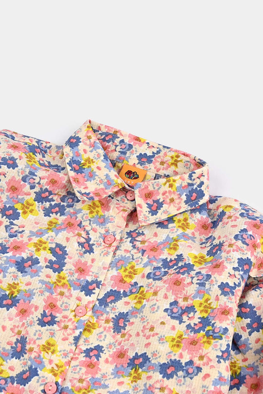 Girls Poly Crinkle Casual Top Strawberry Pink-Cream