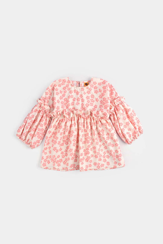 Girls Poly Crinkle Casual Frock Pink Flowers-White
