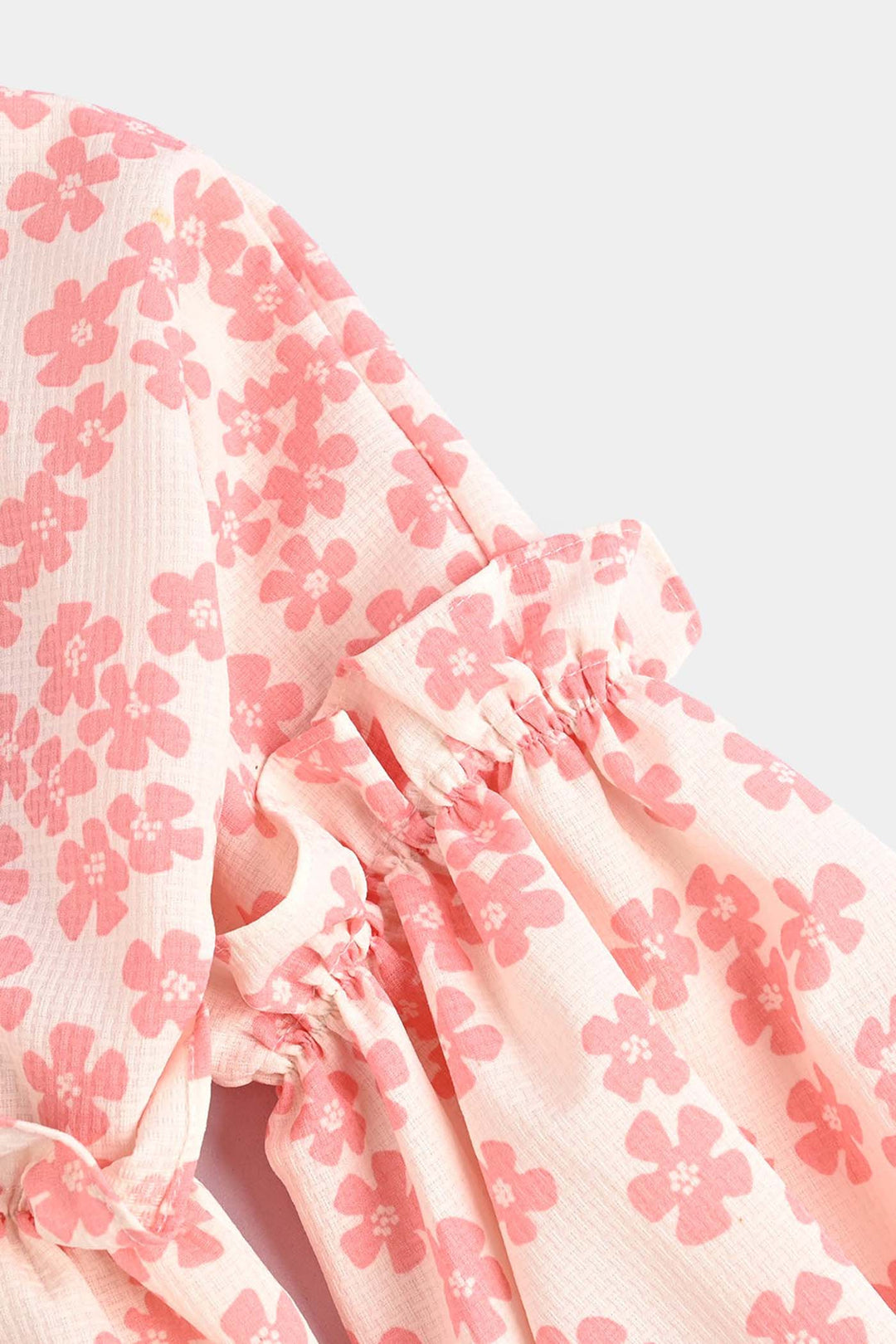Girls Poly Crinkle Casual Frock Pink Flowers-White