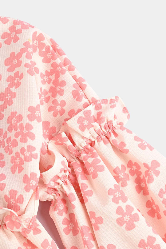 Girls Poly Crinkle Casual Frock Pink Flowers-White