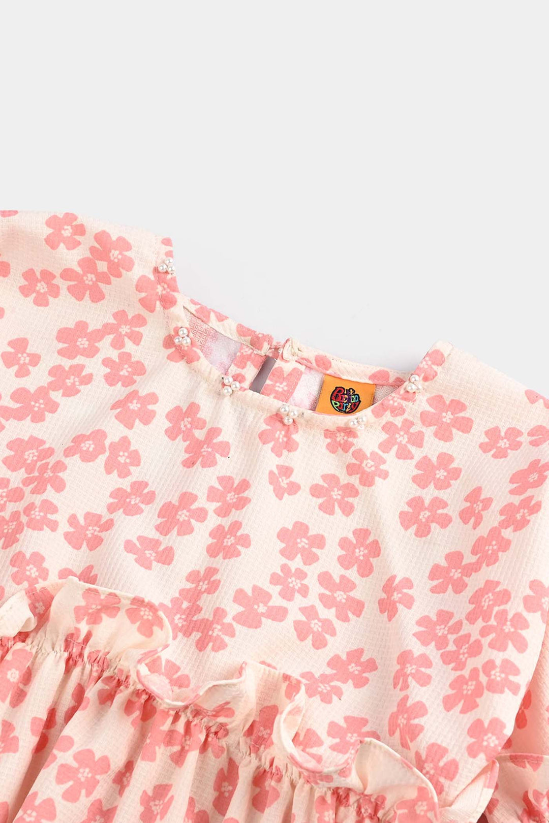 Girls Poly Crinkle Casual Frock Pink Flowers-White