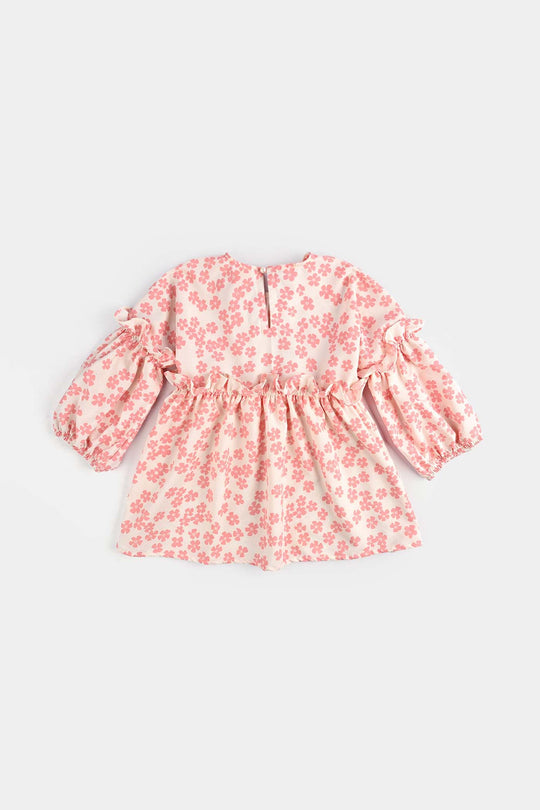 Girls Poly Crinkle Casual Frock Pink Flowers-White