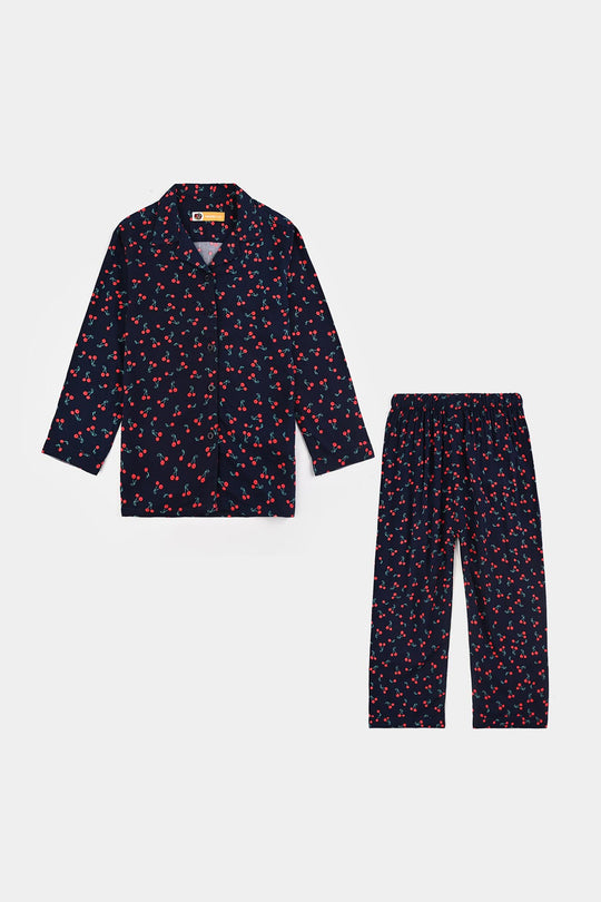 Girls Viscose Night Suit-Cherry-Blue