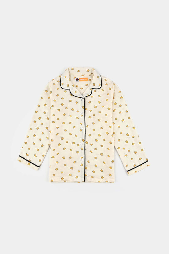 Girls Viscose Woven Night Suit-Stars - Off.White