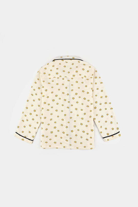 Girls Viscose Woven Night Suit-Stars - Off.White