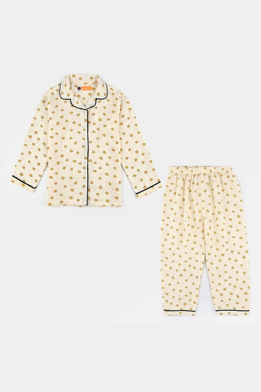 Girls Viscose Woven Night Suit-Stars - Off.White