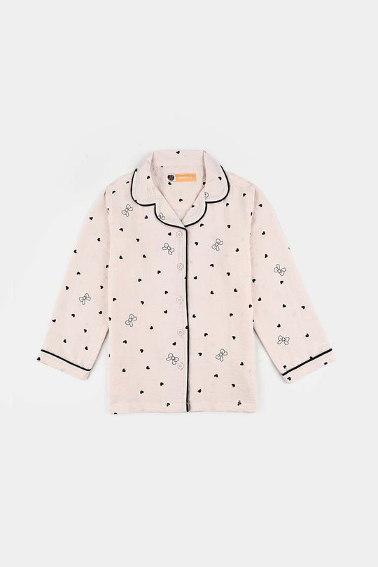 Girls Viscose Night Suit-Bow & Heart - LT.Pink