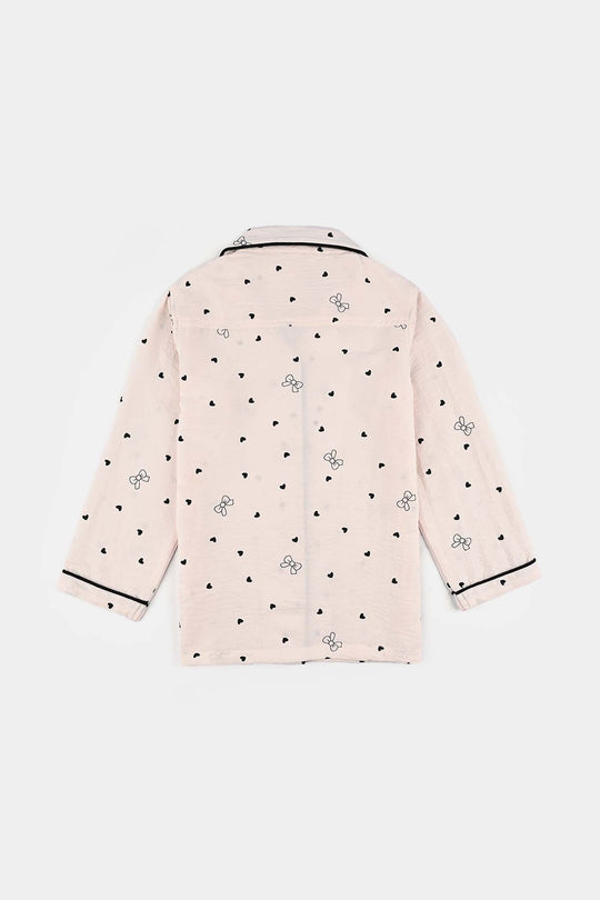 Girls Viscose Night Suit-Bow & Heart - LT.Pink