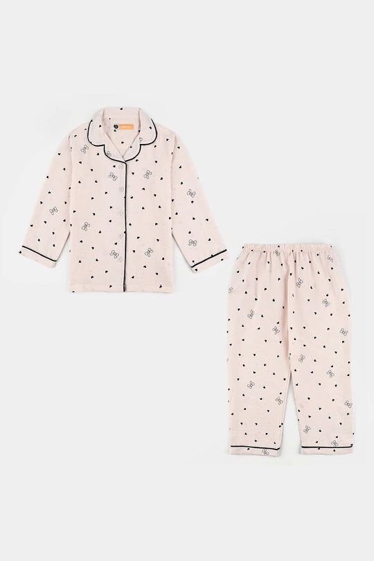 Girls Viscose Night Suit-Bow & Heart - LT.Pink