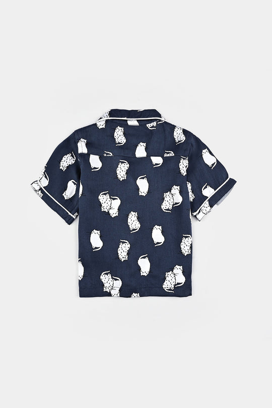 Infant Girls Viscose Night Suit-Cat - Blue