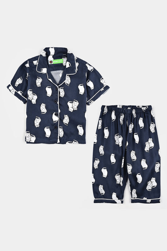 Infant Girls Viscose Night Suit-Cat - Blue