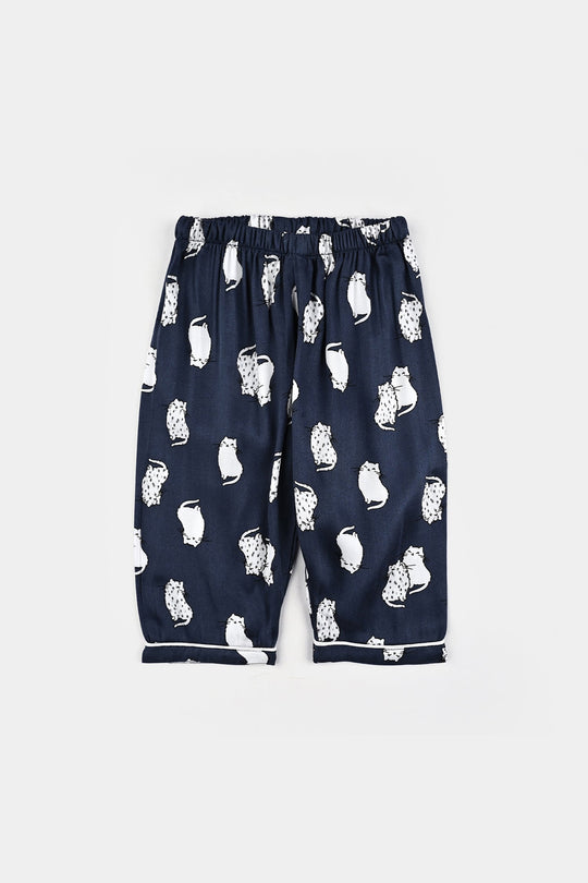 Infant Girls Viscose Night Suit-Cat - Blue