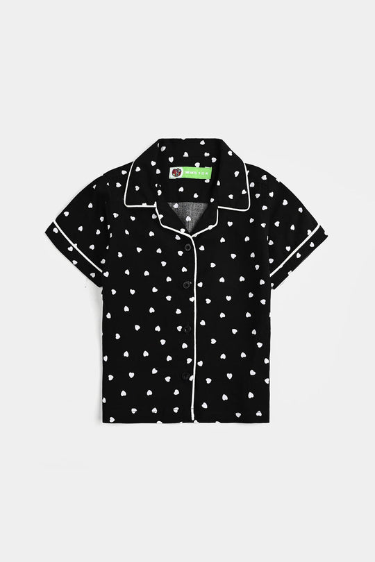 Infant Girls Viscose Night Suit-Hearts-BLACK