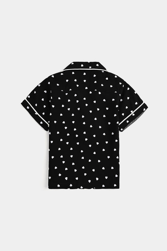 Infant Girls Viscose Night Suit-Hearts-BLACK