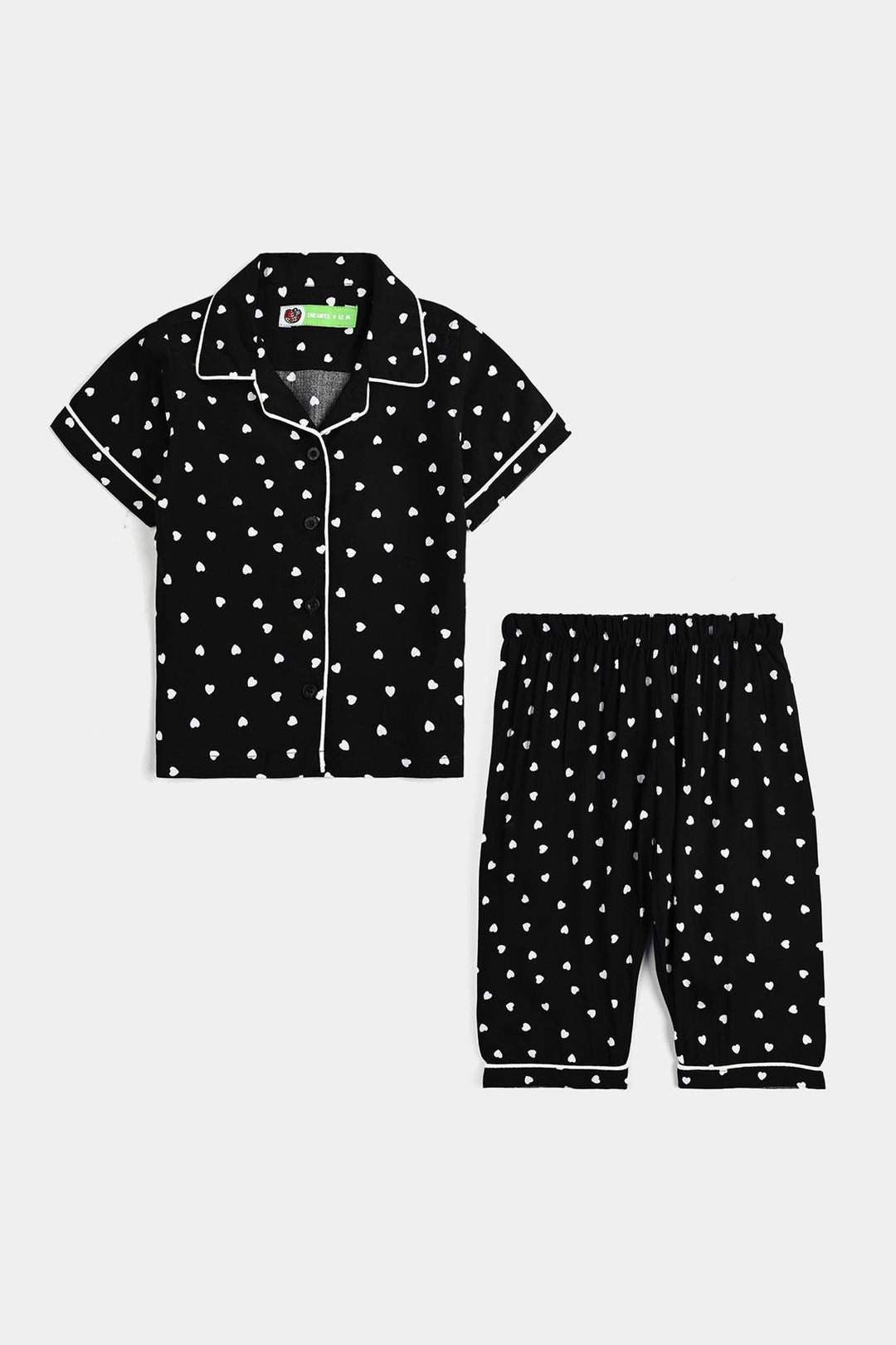 Infant Girls Viscose Night Suit-Hearts-BLACK