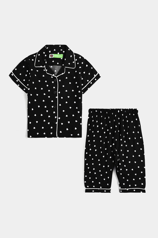 Infant Girls Viscose Night Suit-Hearts-BLACK