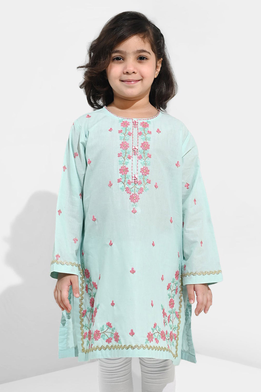Girls Cotton Poplin Emb Kurti Zohra - Mint Green