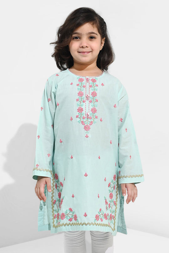 Girls Cotton Poplin Emb Kurti Zohra - Mint Green