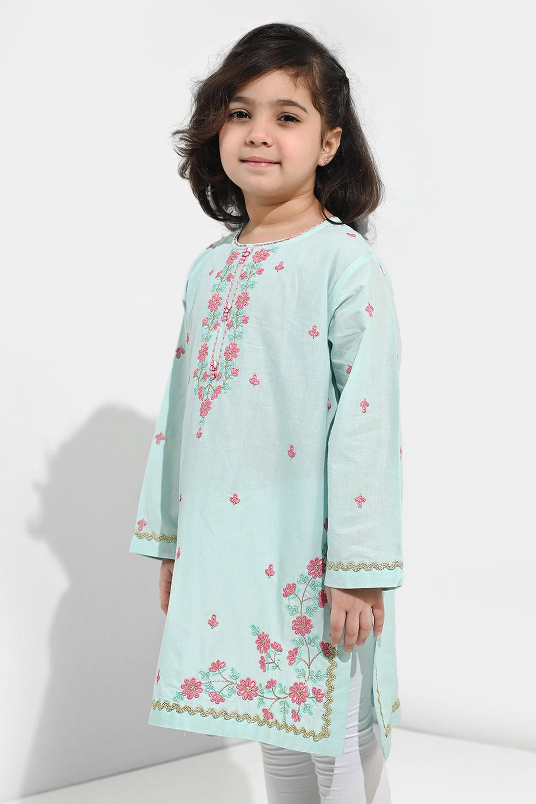 Girls Cotton Poplin Emb Kurti Zohra - Mint Green