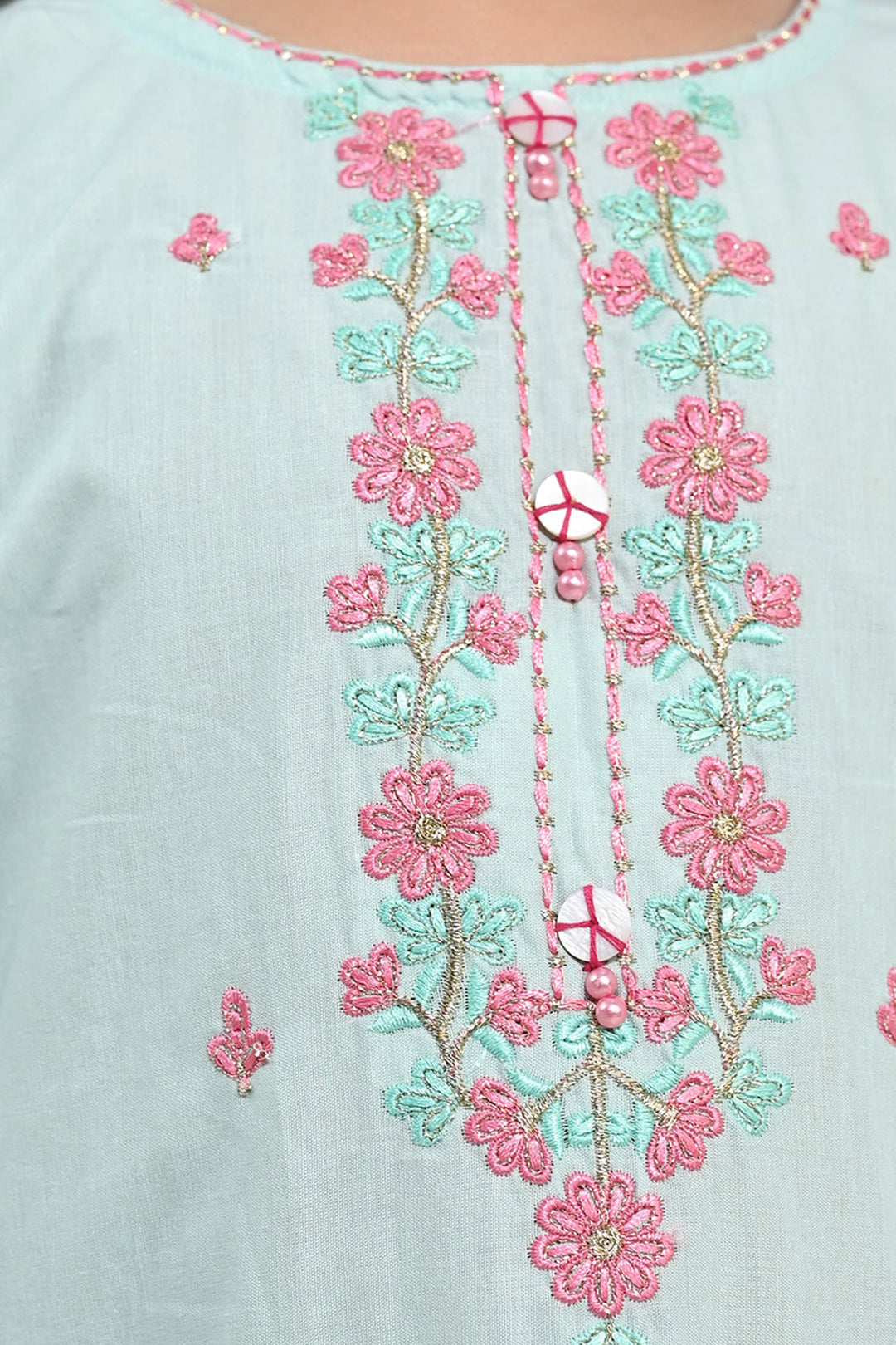 Girls Cotton Poplin Emb Kurti Zohra - Mint Green