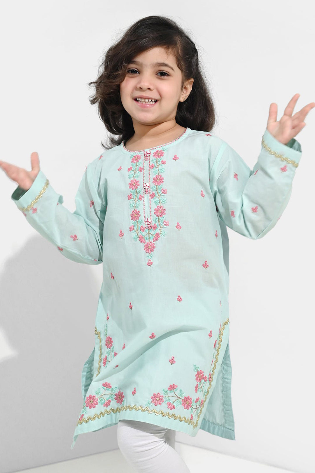Girls Cotton Poplin Emb Kurti Zohra - Mint Green