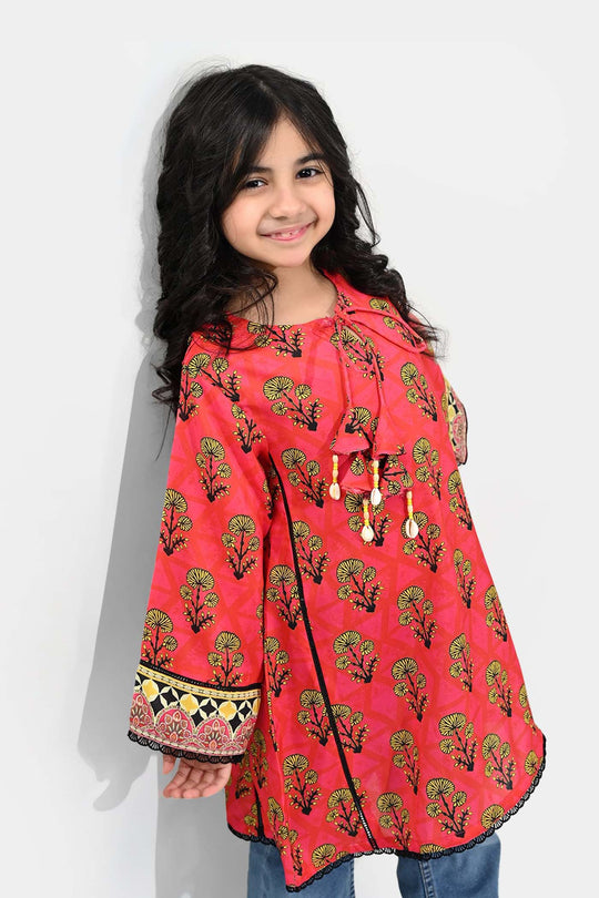 Girls poly cambric Printed Kurti Laali-Red