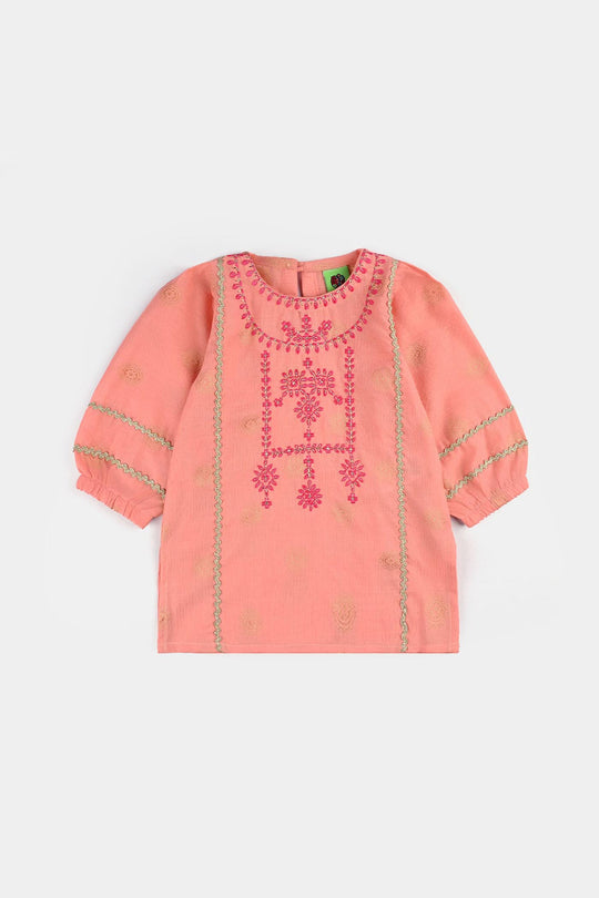 Infant Girls Jacquard Emb Kurti Peach Gul-Peach