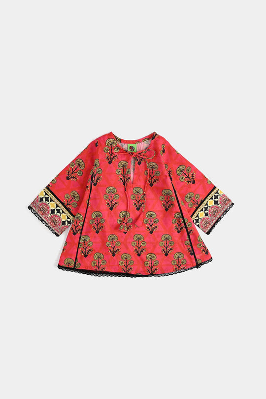 Infant Girls poly cambric Printed Kurti Laali-Red