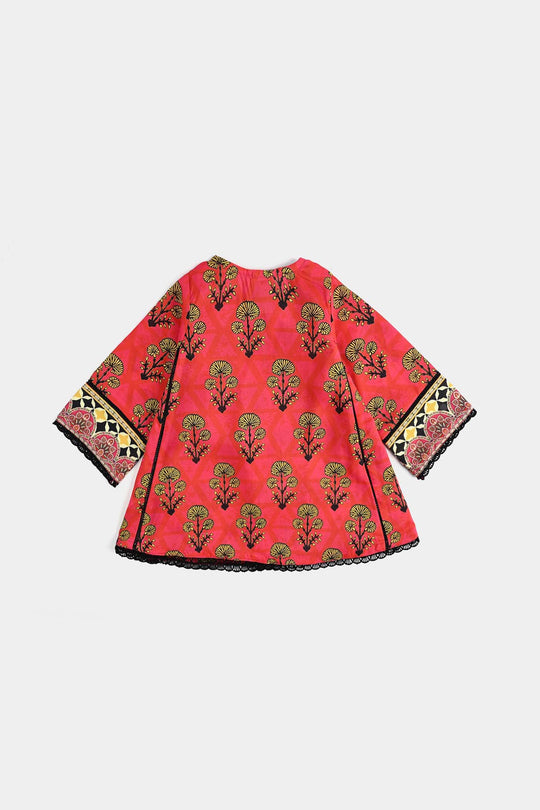 Infant Girls poly cambric Printed Kurti Laali-Red