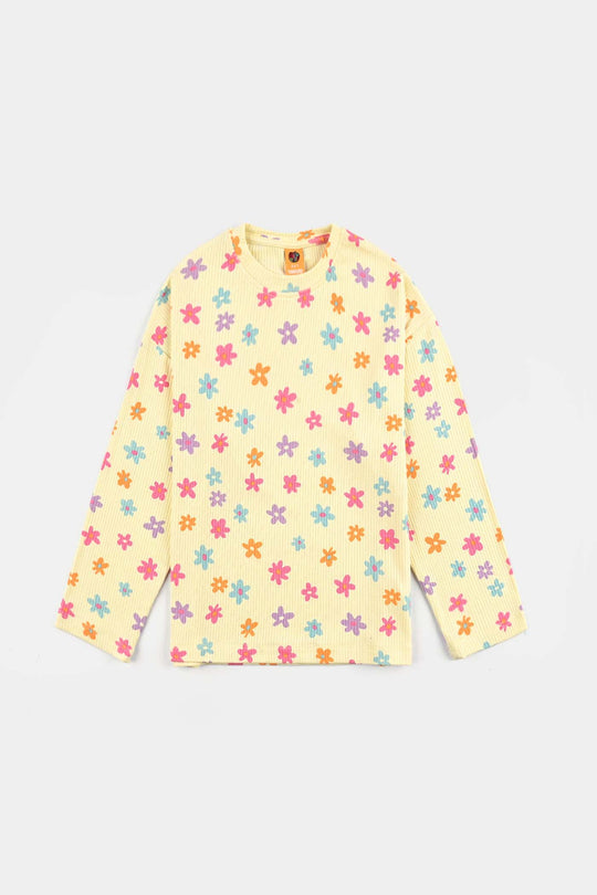 Girls 2x1 Rib T-Shirt H/S MULTI FLOWER - Yellow
