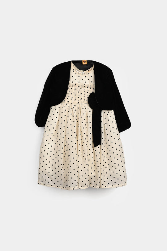 Girls Net Fancy Frock-Polka Dot-OFF-White