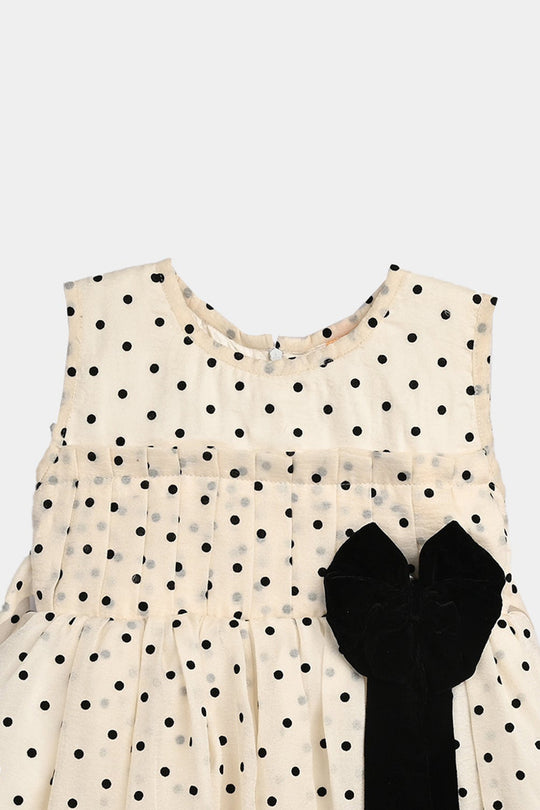 Girls Net Fancy Frock-Polka Dot-OFF-White