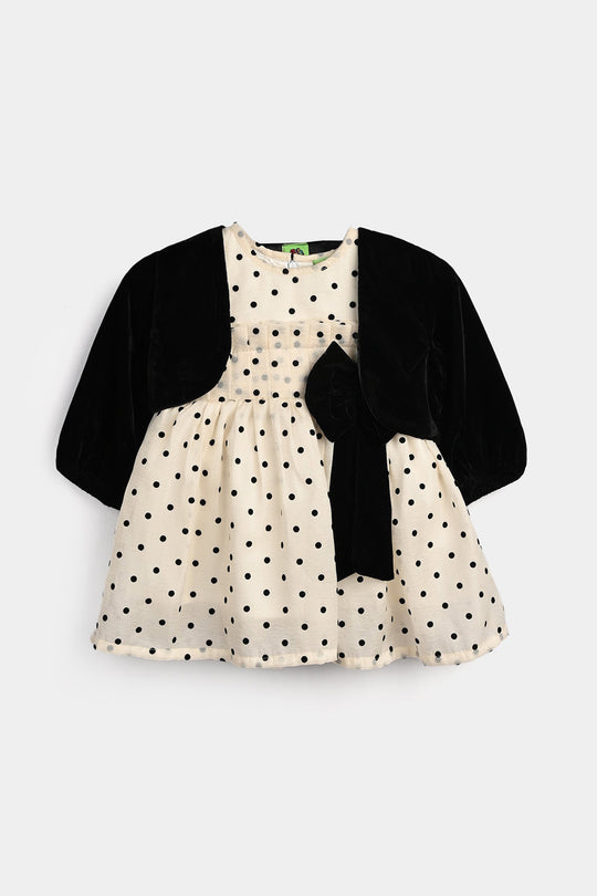 Infant Girls Net Fancy Frock-Polka Dot-OFF-White
