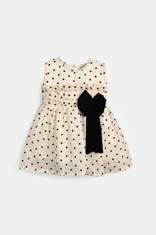 Infant Girls Net Fancy Frock-Polka Dot-OFF-White