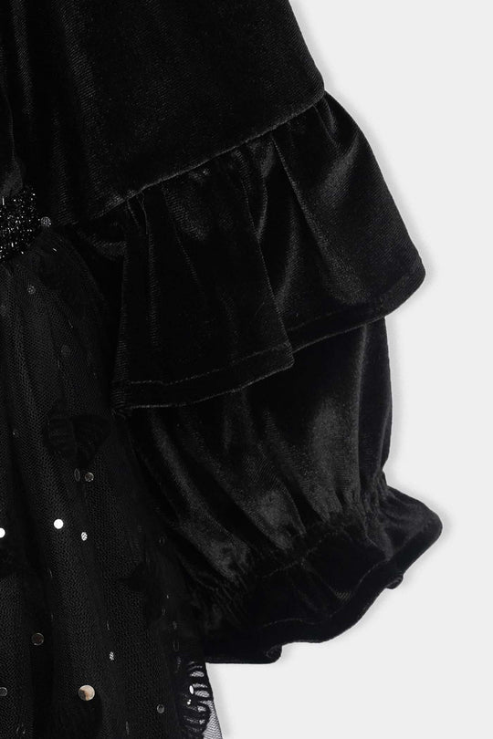 Girls Velvet Fancy Frock (Butterfly) - Black
