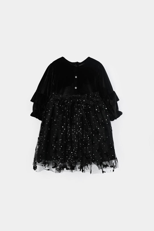 Girls Velvet Fancy Frock (Butterfly) - Black