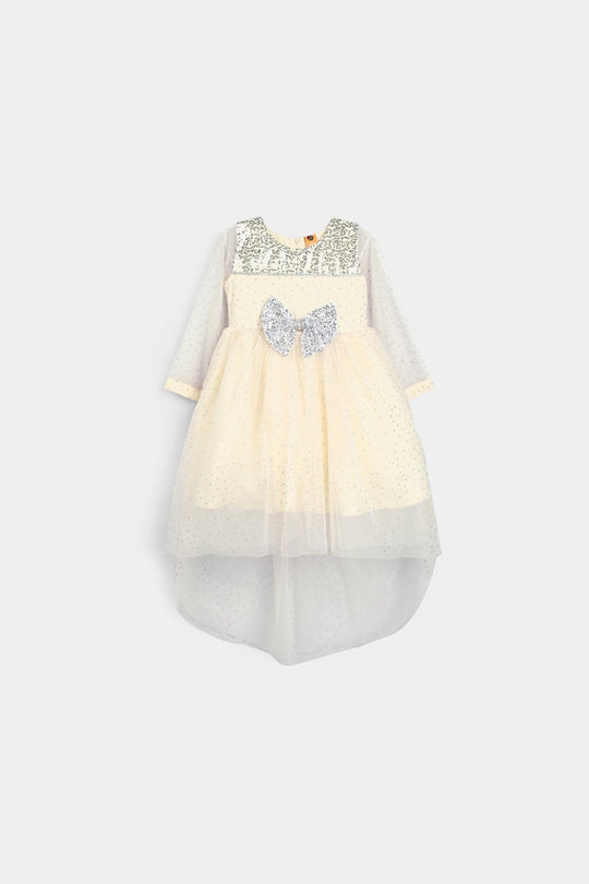 Girls Organza Fancy Frock-Shimmer Polka-OFF-White