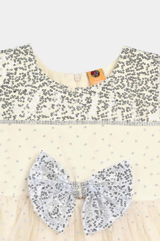 Girls Organza Fancy Frock-Shimmer Polka-OFF-White