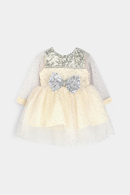 Infant Girls Organza Fancy Frock-Shimmer Polka-OFF White