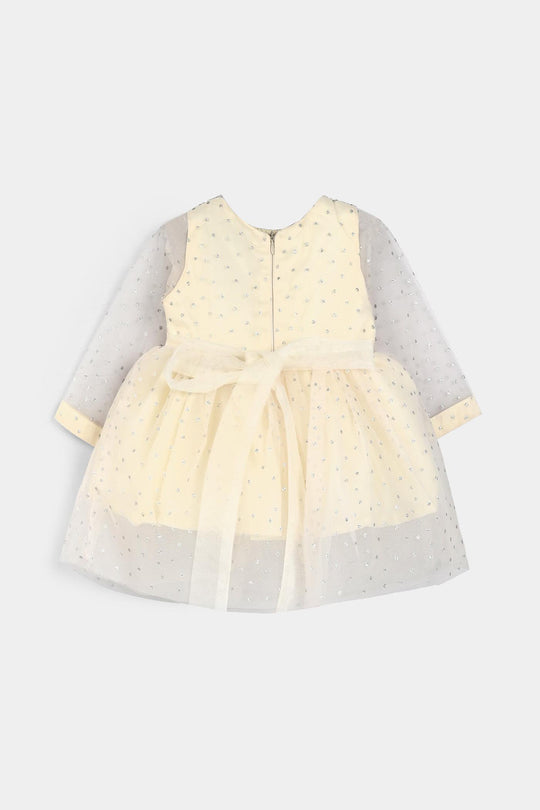 Infant Girls Organza Fancy Frock-Shimmer Polka-OFF White
