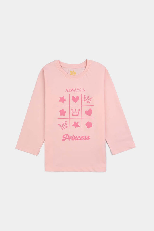 Girls Poly Cotton Jersey Night Suit ALWAYS A PRINCESS-Pink