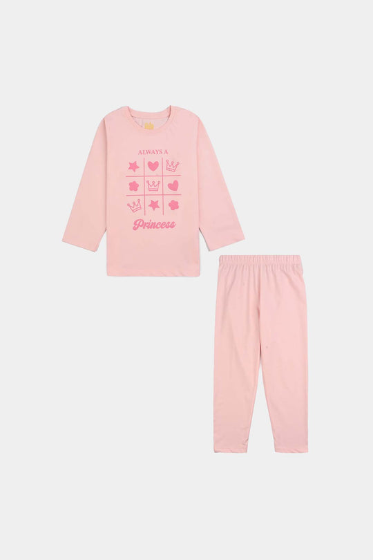 Girls Poly Cotton Jersey Night Suit ALWAYS A PRINCESS-Pink