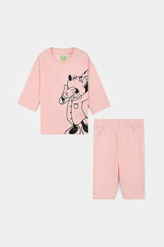 Infant Girls Poly Cotton Jersey Night Suit-Pink