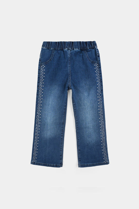 Girls Denim Stretch Jeggings Side Studs-Mid Blue