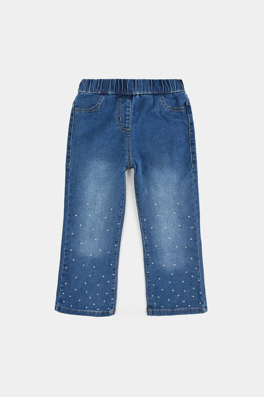 Girls Denim Stretch Jeggings Studded Flared-DARK BLUE