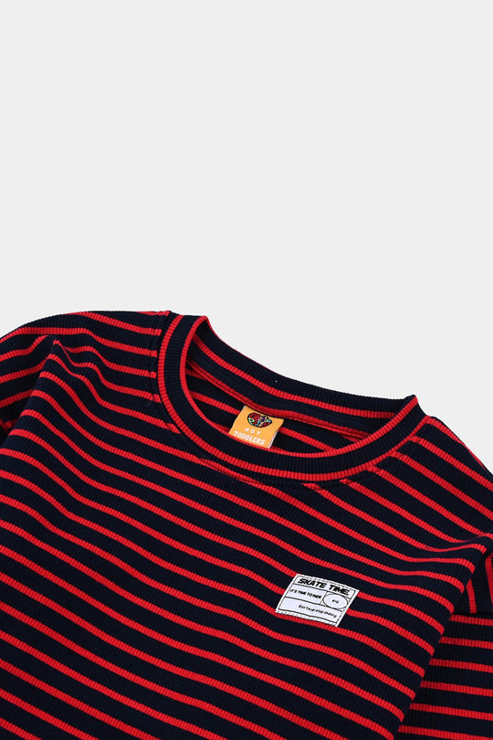 Boys Rib T-Shirt F/S SKATE TIME - Navy/Red Stripe